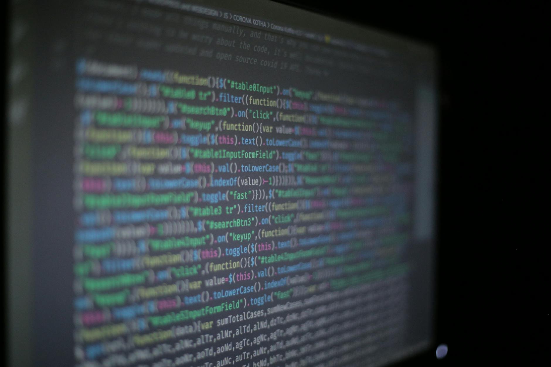 Close-up of colorful programming code on a computer monitor.
